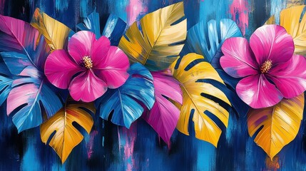 Poster - Brightly colored tropical flowers bloom amidst lush leaves, creating a lively composition against an abstract backdrop filled with vibrant hues