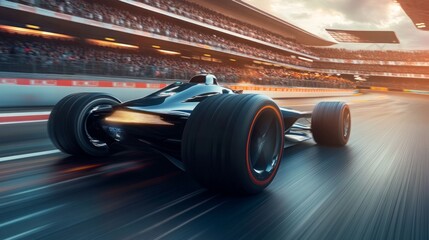 Poster - A sleek race car zooms along the track, tires gripping the asphalt as the sun sets, enhancing the thrilling atmosphere of the competition.