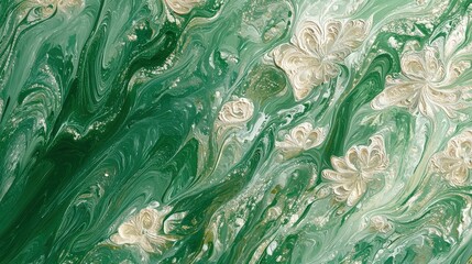 Poster - An artistic representation featuring green swirls intertwined with delicate white floral designs, created in a vibrant studio environment