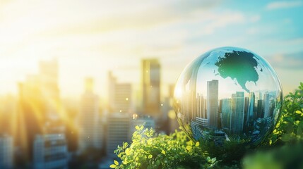 Wall Mural - green world with glass globe and buildings in city, green energy concept for eco friendly environmen