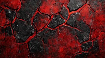 Poster - A striking cracked surface displaying deep red and black colors, highlighting the texture and dramatic shadows