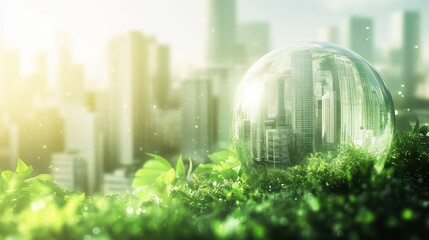 Wall Mural - green world with glass globe and buildings in city, green energy concept for eco friendly environmen