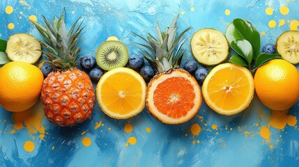 Canvas Print - Fresh fruits including pineapple, oranges, kiwi, and blueberries arranged beautifully on a vibrant blue surface