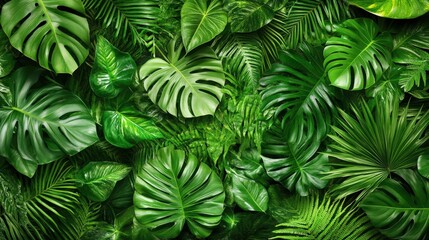 Canvas Print - A variety of lush green leaves from different tropical plants create a vibrant and textured backdrop in a serene garden environment