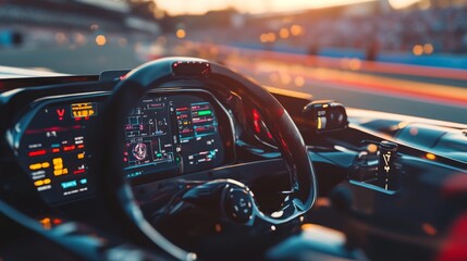 Aufkleber - The cockpit of a racing car features a high-tech dashboard, illuminated by colorful lights, capturing the excitement of competition as the sun sets in the background.