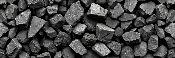 Aufkleber - Rough black coal pieces are densely stacked, showcasing their uneven surfaces and varied shapes, under a muted light