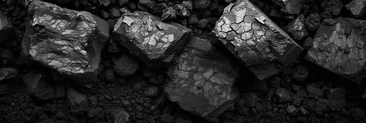 Aufkleber - Dark, textured coal rocks lie scattered on a rugged surface, showcasing intricate patterns and earthy tones in a natural environment, banner
