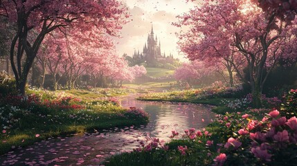 Poster - A tranquil setting features cherry blossom trees in full bloom beside a gently flowing stream, with an enchanting castle in the background during sunset