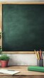 © Maria Mikhaylichenko - Empty green chalkboard in wooden frame with school supplies on desk, potted plant nearby, ready for writing or teaching, education concept.
