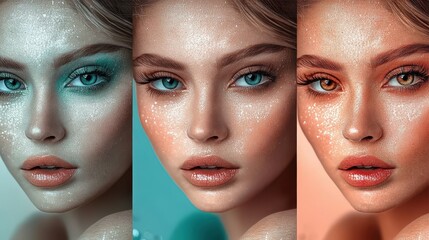 Poster - A model showcases three striking makeup looks with shimmering effects, highlighting her captivating eyes and flawless skin