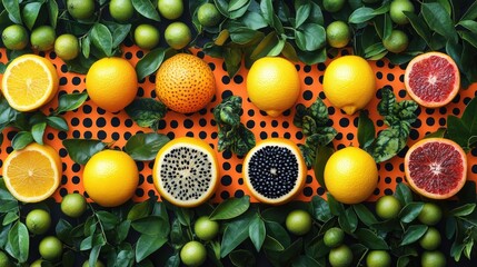 Poster - Assorted citrus fruits, including oranges and blood oranges, arranged with green leaves on a bright orange background create a colorful composition