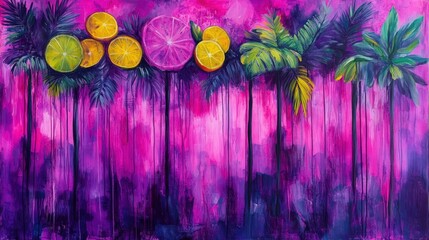 Poster - A vibrant abstract artwork showcases slices of citrus and tropical palm leaves against a bold pink backdrop