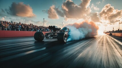 Poster - A race car speeds down the track, leaving a trail of smoke behind, while an enthusiastic crowd watches at sunset.