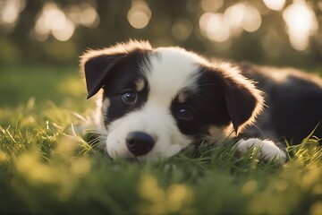 dog grass banner website lying happy puppy funny tongue copy space background panorama animal pet ea