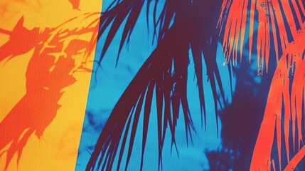 Canvas Print - Vivid palm fronds create striking patterns against a brightly colored backdrop during sunset, showcasing a blend of nature and artistic expression