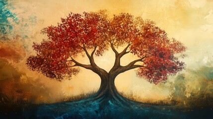 Poster - A vibrant red tree stands proudly against a colorful sky, embodying the beauty of autumn in a peaceful natural setting