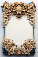 Ornate wooden frame with a blue and gold detail.