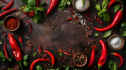 Wall Mural - Red Chili Peppers, Basil, Salt and Peppercorns