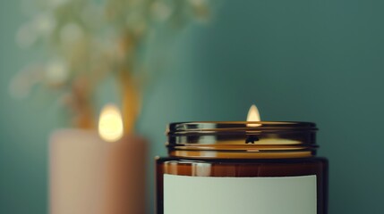 A close-up photo of an amber jar candle with white label.