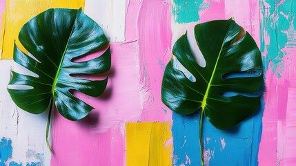 Aufkleber - Two lush tropical leaves rest on a vivid, painted background featuring bright colors and abstract patterns