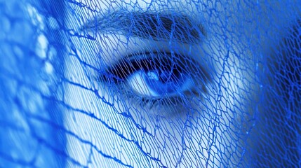 Poster - A striking close-up of a woman's eye peering through fine blue netting, creating an ethereal atmosphere and drawing attention to her gaze