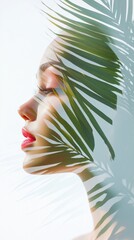 Wall Mural - Profile view of a face partially obscured by palm leaves, creating an artistic blend of human features and tropical foliage in soft, muted tones.