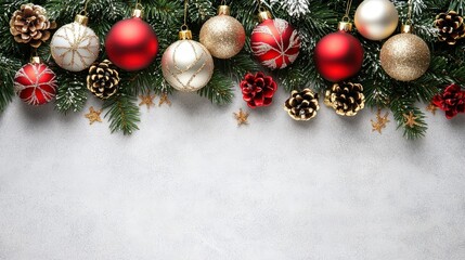 Poster - A festive arrangement of red and gold ornaments paired with pine cones and greenery, celebrating the joy of the Christmas season