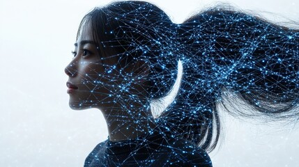 Poster - A woman’s profile displays glowing particles and digital connections flowing from her hair, symbolizing technology and creativity