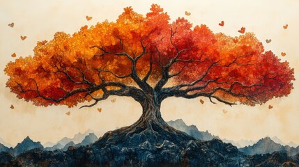 Poster - A magnificent tree displays vibrant autumn colors, with heart-shaped leaves, set against a distant mountain backdrop during twilight hours