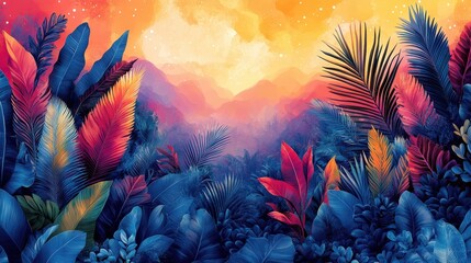 Poster - A stunning sunset casts vibrant colors over lush foliage in a tropical jungle, creating a picturesque landscape filled with rich hues and silhouettes