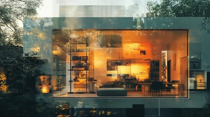Poster - A beautifully designed home illuminated by warm lights, highlighting its contemporary interior amidst a serene outdoor setting at dusk