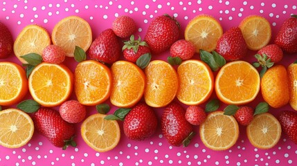 Canvas Print - Freshly cut oranges and strawberries arranged neatly with green leaves on a vibrant pink polka dot backdrop