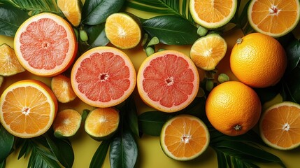Aufkleber - Juicy oranges and grapefruits are artistically arranged with green leaves on a vibrant yellow-green surface, showcasing their colors and textures