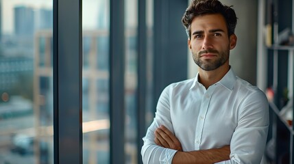 Poster - Confident Businessman Standing Proudly in High Rise Office with City Skyline