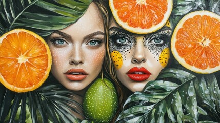 Poster - Two women pose among green leaves and sliced oranges, showcasing artistic makeup with bold colors and striking features