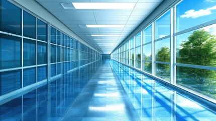 Aufkleber - A bright corridor features large windows allowing sunlight and views of green trees, creating a serene atmosphere