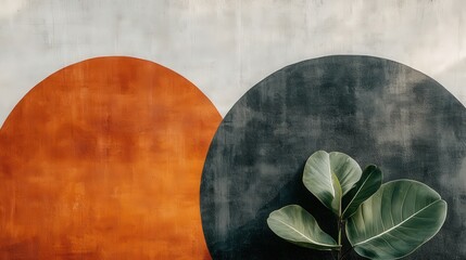 Aufkleber - A vibrant wall mural displays large orange and black circular shapes, complemented by a lush green plant at the base, enhancing the modern interior atmosphere