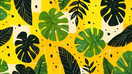 Aufkleber - Colorful tropical leaves create a lively pattern on a yellow background, showcasing artistic botanical design and vibrant nature themes