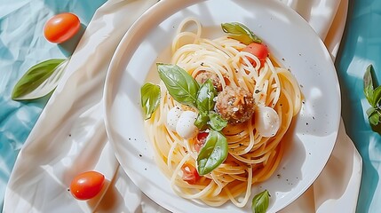 Sticker - Spaghetti with Meatballs and Mozzarella Cheese on a White Plate