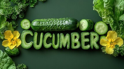 Poster - Fresh cucumbers and green leaves are artistically arranged with yellow flowers creating a vibrant display on a dark background