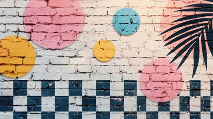 Poster - Vibrant mural with pink, yellow, and blue geometric shapes alongside palm leaves decorates a brick wall in a creative urban space