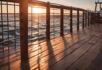 Wall Mural - deck wooden cruise sunset railing beautiful ship view ocean transatlantic sea luxury rail sailing boat vessel wood bright sun twilight dawn