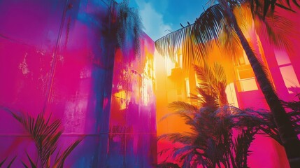 Aufkleber - Tropical plants bask in bright colorful reflections with vivid light play against textured walls during daytime in an urban setting