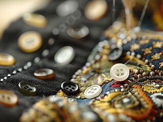 Closeup of White Buttons on Embroidered Fabric