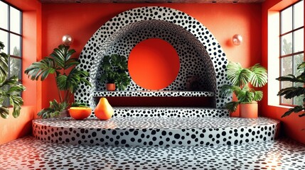 Wall Mural - Vibrant interior featuring bold polka dot patterns, warm orange accents, and lush greenery creating a lively atmosphere