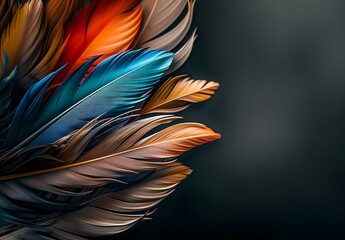 Wall Mural - Colorful feathers on dark background