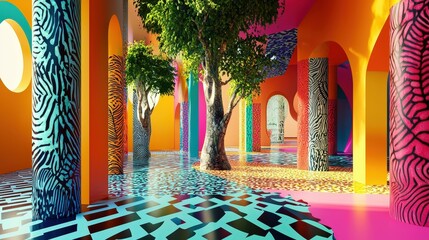 Poster - A lively indoor space features bold colors, intricate patterns on the floor, and vibrant trees creating a unique atmosphere