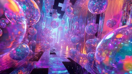 Poster - A mesmerizing tunnel filled with floating bubbles and colorful reflections creates a surreal atmosphere under ambient lighting