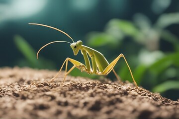 Poster - ready little mantis jump green nature leaf fern plant water macro dripped grass forest dew natural spring garden stem spiral growth flora rain bud summer fresh food flower praying small cute funny