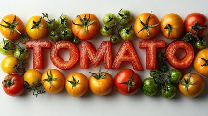 Poster - A colorful display of various fresh tomatoes arranged to spell out the word tomato, showcasing their rich colors and textures in natural light